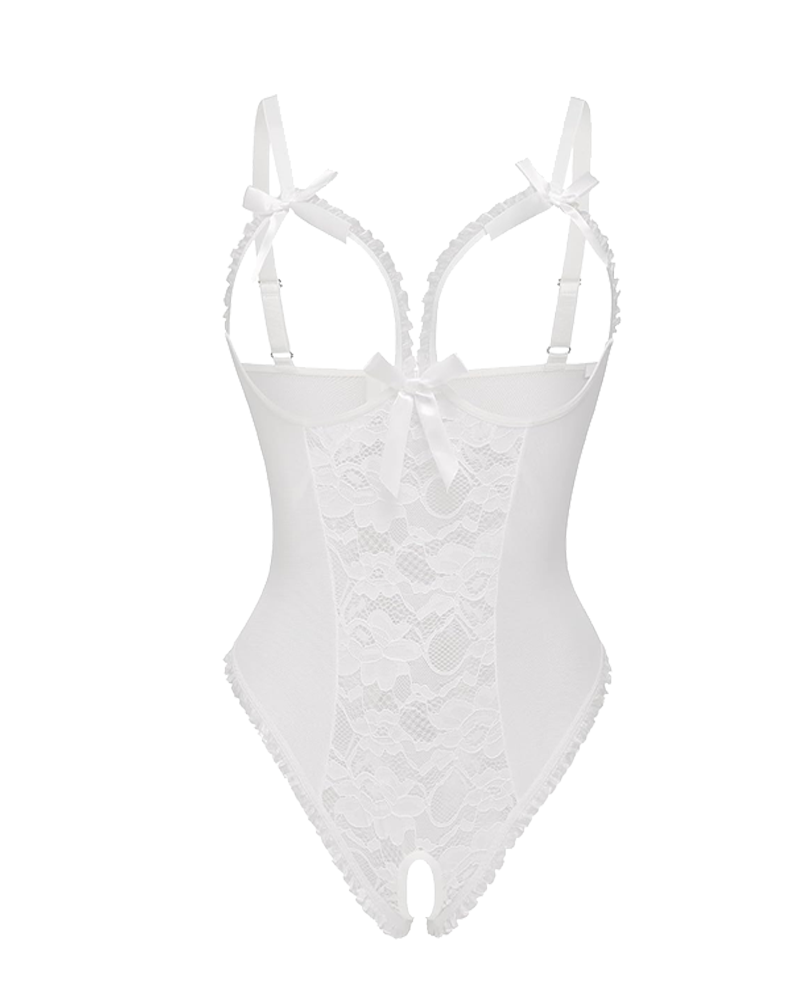 Pijama de una pieza con encaje floral, malla transparente, recorte en el pecho y entrepierna abierta