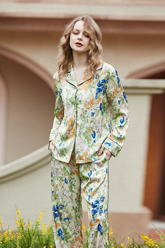 Morning Glory and Lily Pattern Cardigan Long Sleeve Pajama Set