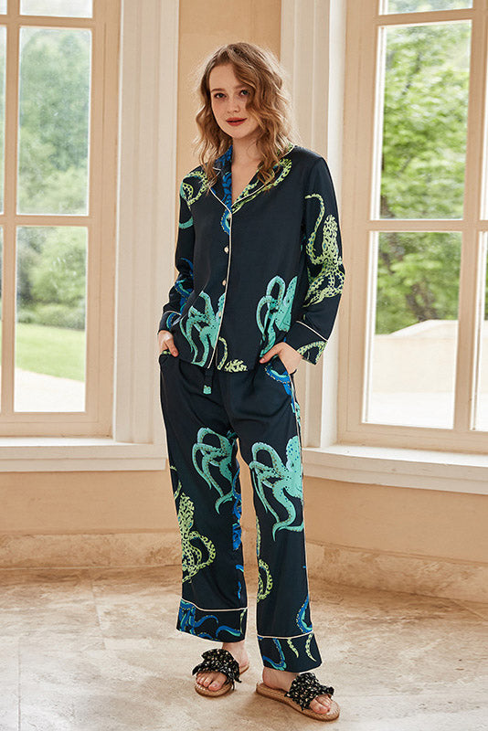 Octopus Print Long-Sleeve Pajama Loungewear Set