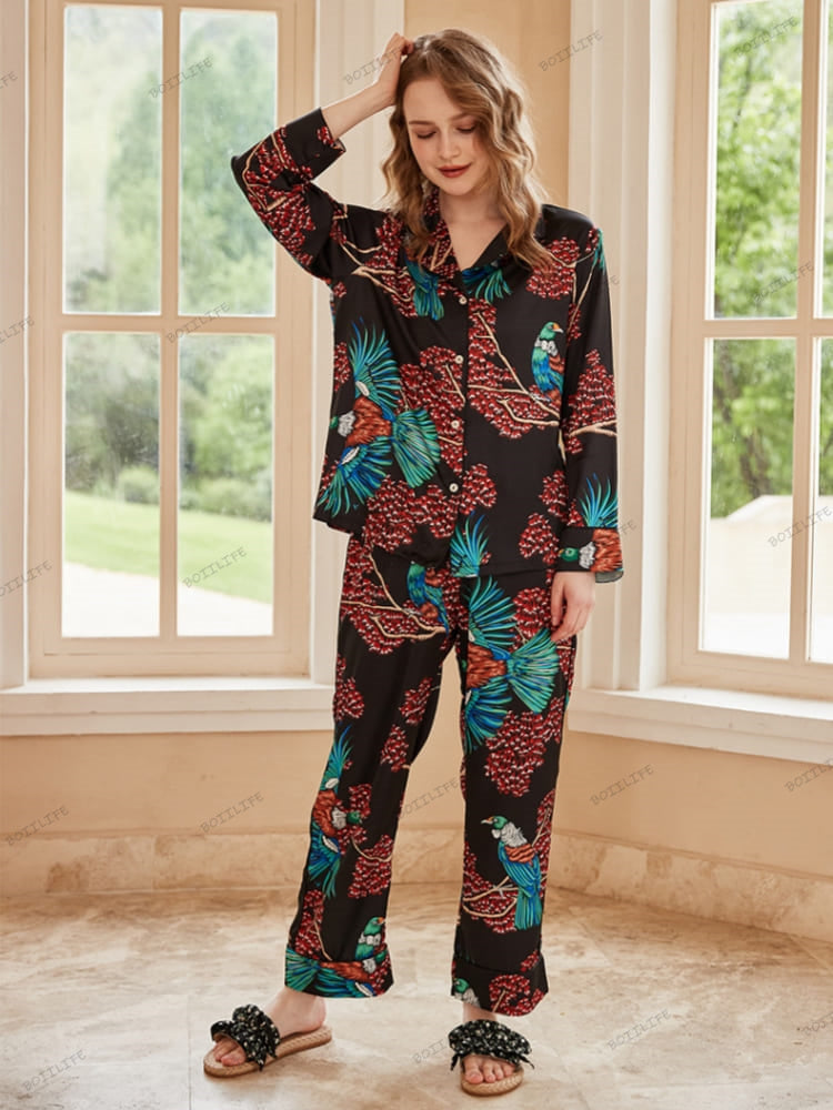 Bird of Paradise Pattern Ice Silk Long Sleeve Pajama Set