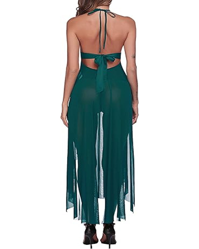 Camisón Largo Sexy de Encaje y Malla con Escote Profundo en V para Mujer – Elegante y Seductor