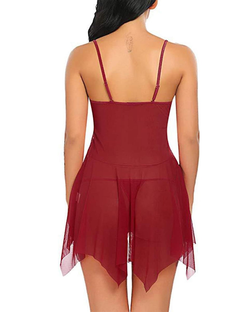 Conjunto de camisón con tirantes y tanga de encaje y malla con escote profundo en V e irregular en el dobladillo