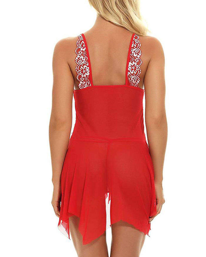 Camisón con tirantes de encaje y malla translúcida con botones frontales y tanga a juego