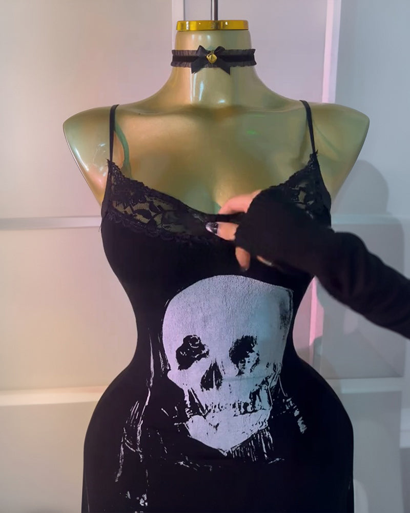 Vestido Sexy con Liguero de Encaje con Calaveras Negras