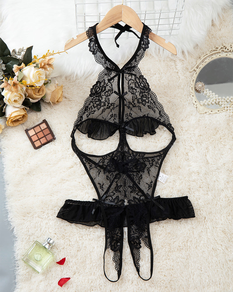 Body Femenino Sexy con Encaje Floral Transparente, Espalda Hueca y Apertura en la Entrepierna