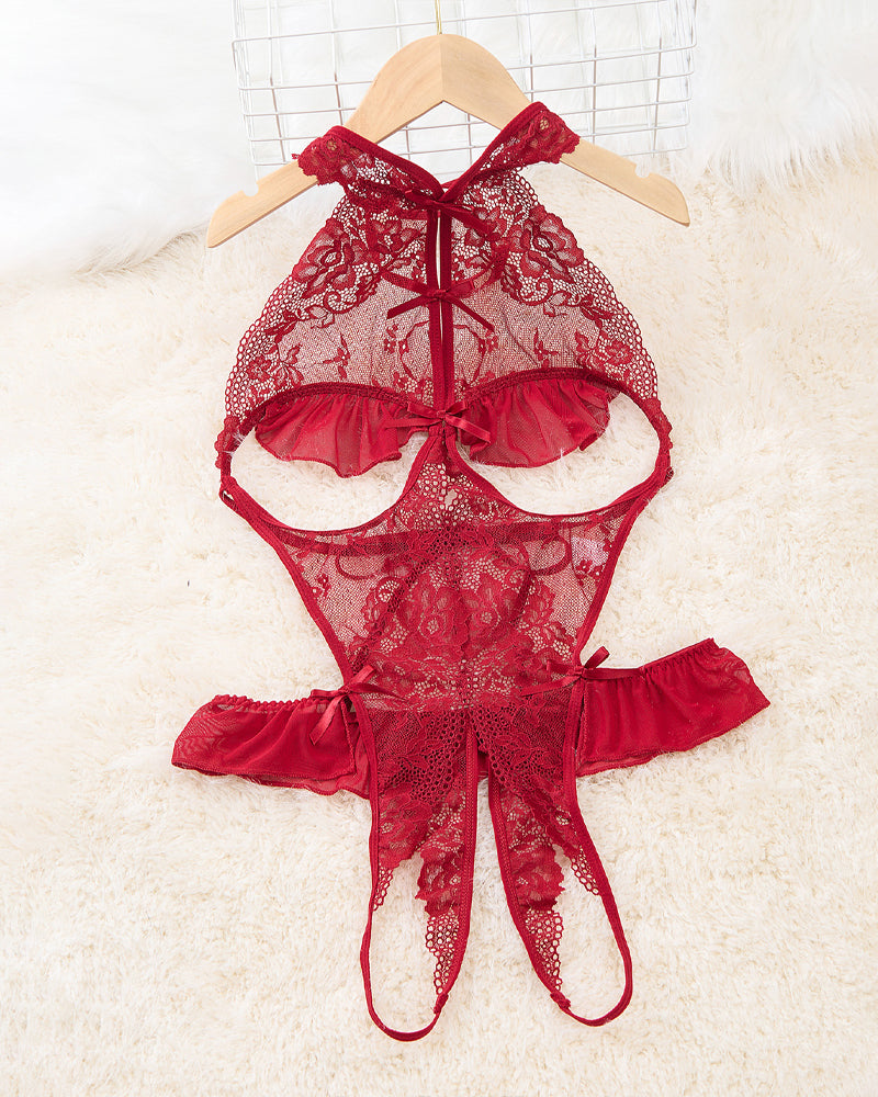 Body Femenino Sexy con Encaje Floral Transparente, Espalda Hueca y Apertura en la Entrepierna