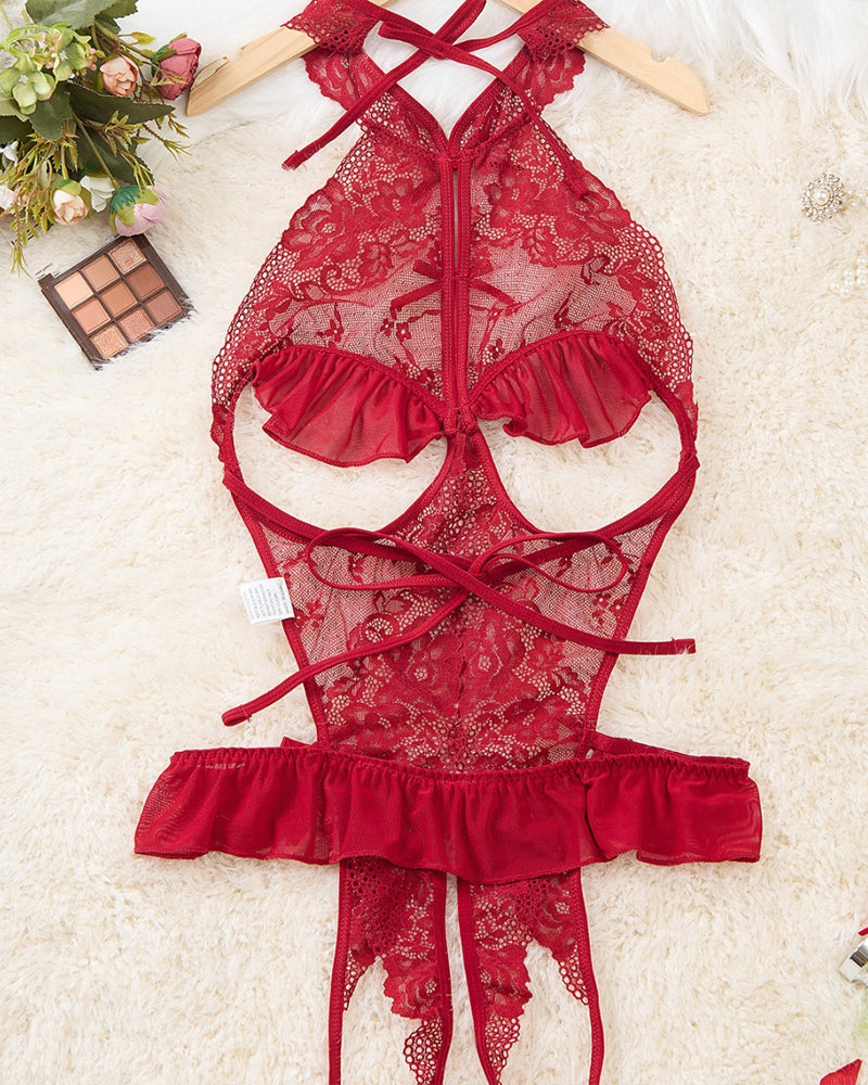 Body Femenino Sexy con Encaje Floral Transparente, Espalda Hueca y Apertura en la Entrepierna