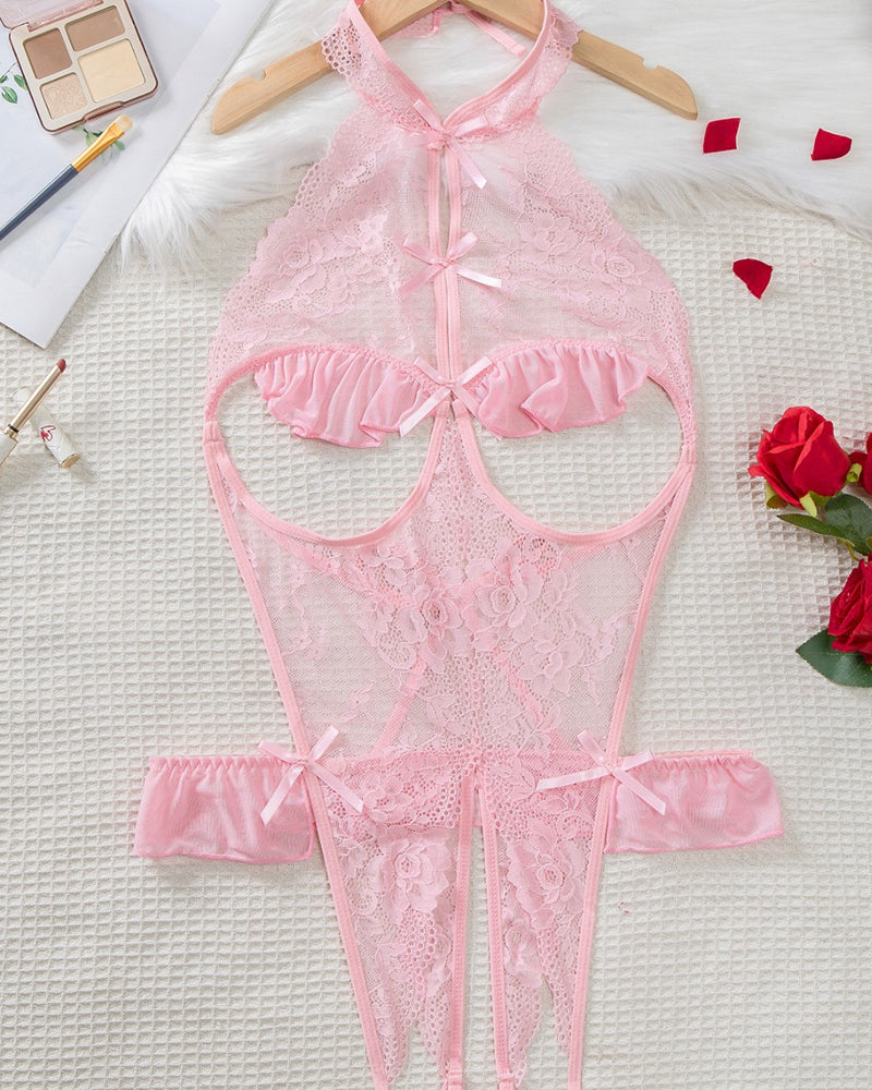 Body Femenino Sexy con Encaje Floral Transparente, Espalda Hueca y Apertura en la Entrepierna