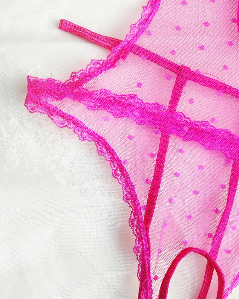 Body Pijama de Malla con Lunares, Encaje Floral y Entrepierna Abierta – Mujer