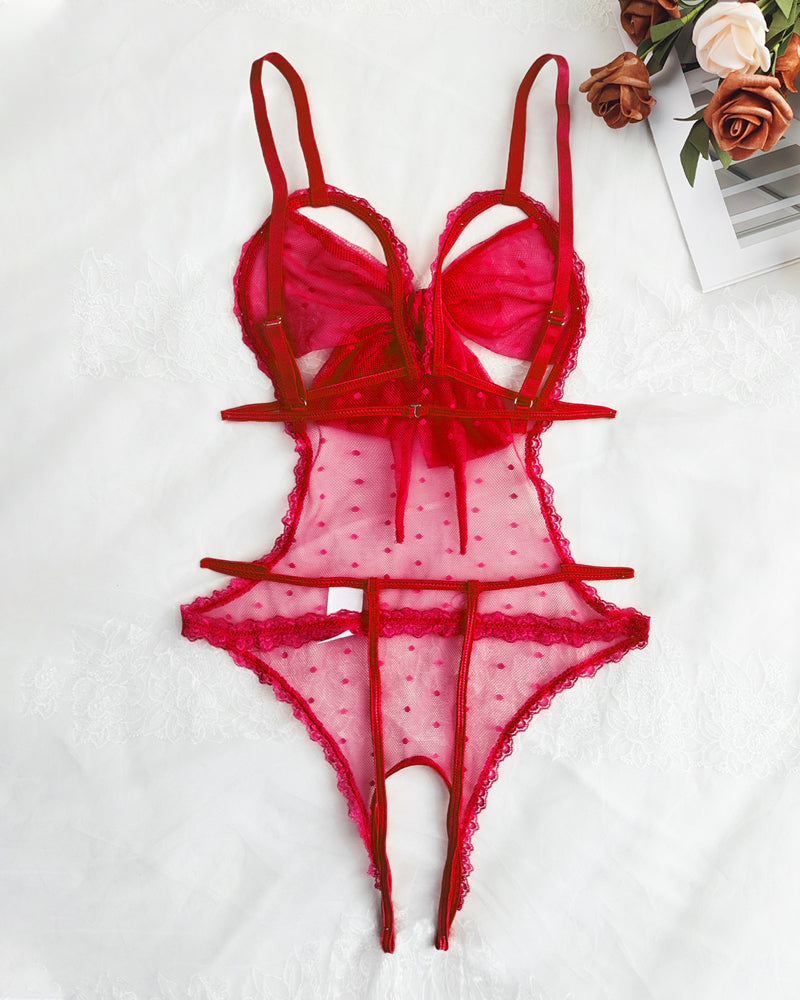 Body Pijama de Malla con Lunares, Encaje Floral y Entrepierna Abierta – Mujer