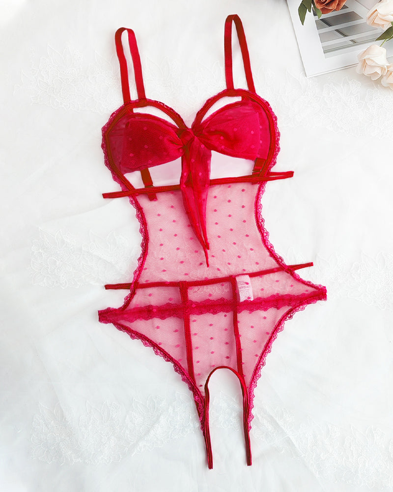 Body Pijama de Malla con Lunares, Encaje Floral y Entrepierna Abierta – Mujer