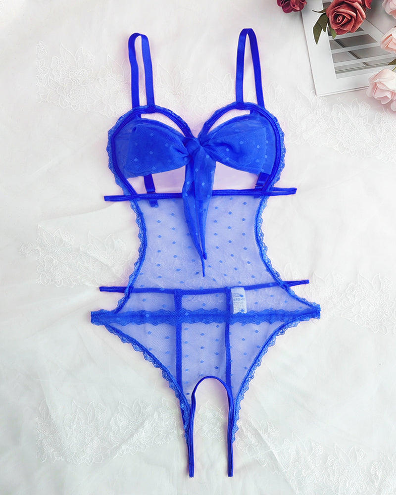 Body Pijama de Malla con Lunares, Encaje Floral y Entrepierna Abierta – Mujer