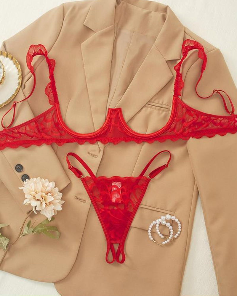 Conjunto de Lencería Sexy de Encaje para Mujer – Sujetador con Aros, Tirantes Ajustables y Tanga con Apertura