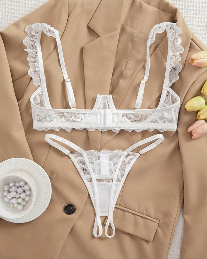 Conjunto de Lencería Sexy de Encaje para Mujer – Sujetador con Aros, Tirantes Ajustables y Tanga con Apertura