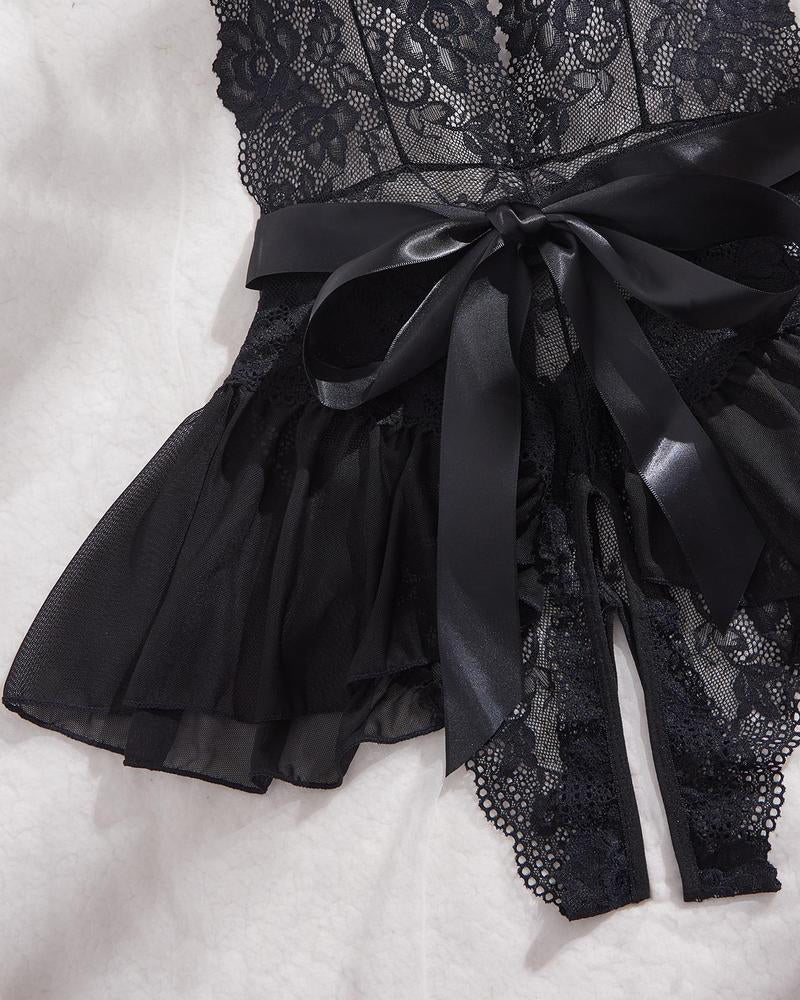 Camisón Femenino Sexy con Encaje Floral, Apertura en la Entrepierna y Tirantes Ajustables, Espalda Descubierta