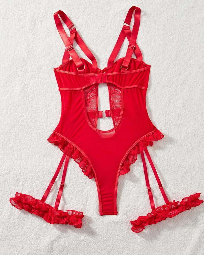 Body/Pijama Enterizo de Encaje y Malla con Espalda Abierta, Volantes y Aros Decorativos