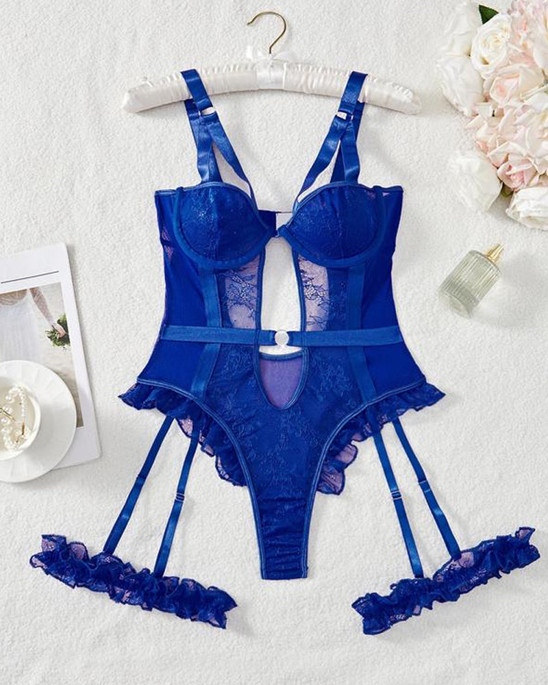 Body/Pijama Enterizo de Encaje y Malla con Espalda Abierta, Volantes y Aros Decorativos