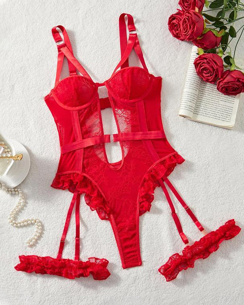 Body/Pijama Enterizo de Encaje y Malla con Espalda Abierta, Volantes y Aros Decorativos