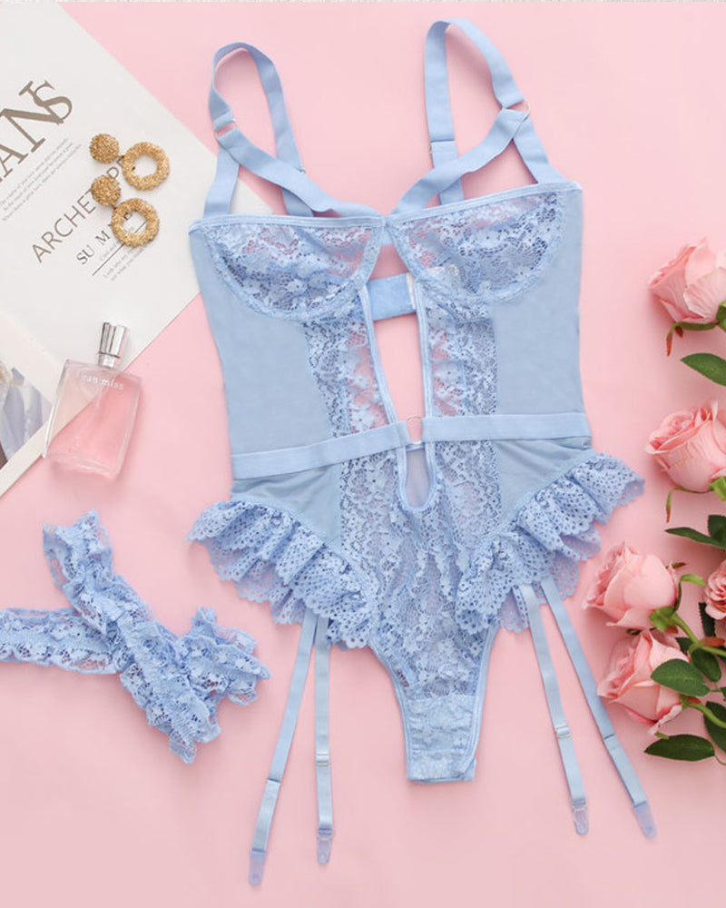 Body/Pijama Enterizo de Encaje y Malla con Espalda Abierta, Volantes y Aros Decorativos