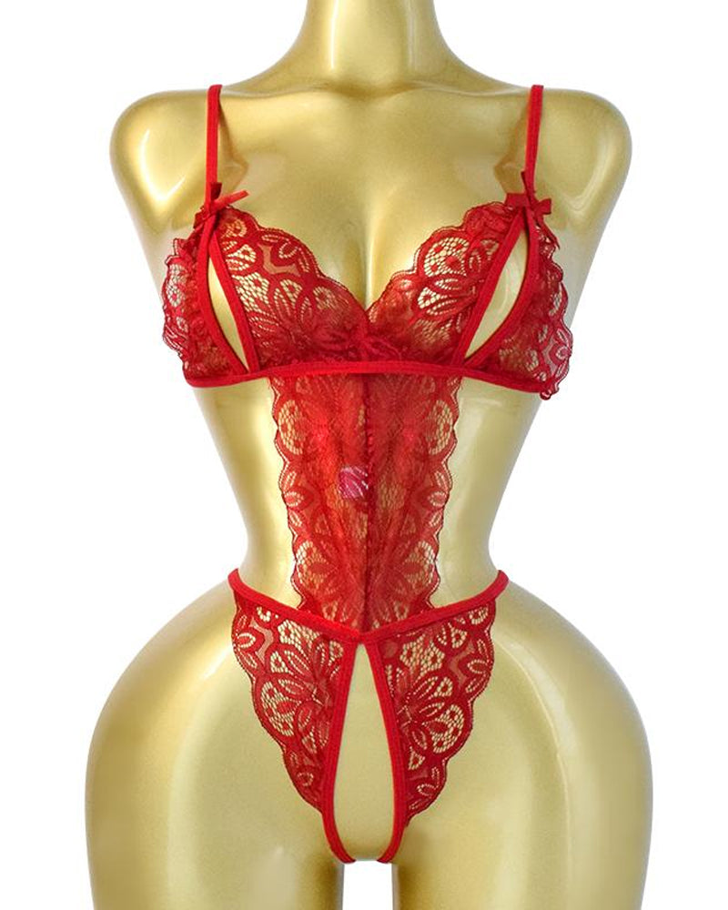 Pijama Enterizo de Encaje Floral Transparente y Sin Espalda – Teddy Romper