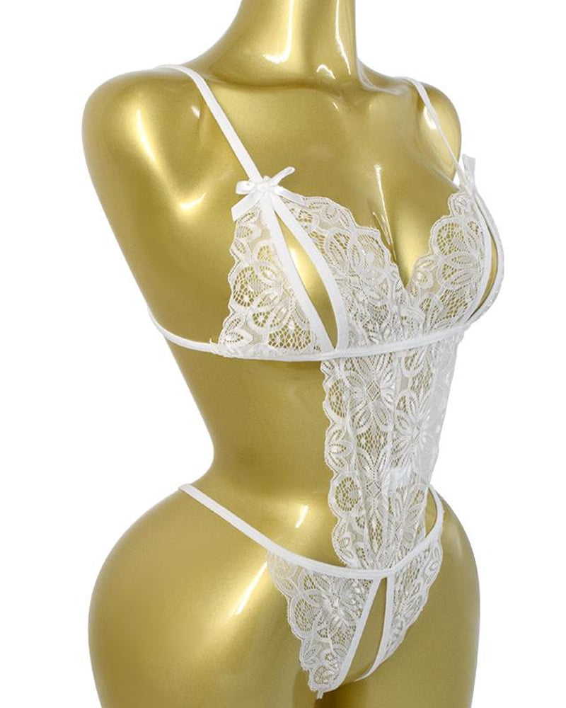 Pijama Enterizo de Encaje Floral Transparente y Sin Espalda – Teddy Romper