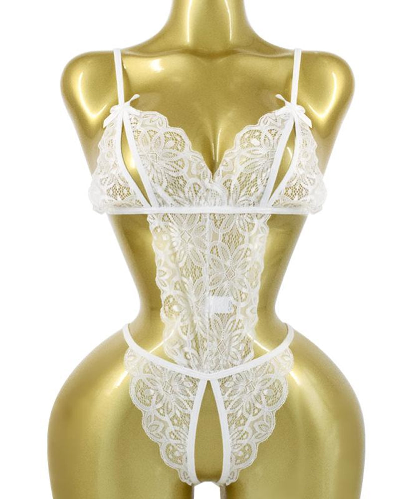 Pijama Enterizo de Encaje Floral Transparente y Sin Espalda – Teddy Romper