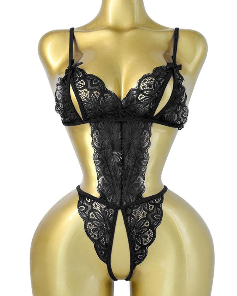 Pijama Enterizo de Encaje Floral Transparente y Sin Espalda – Teddy Romper