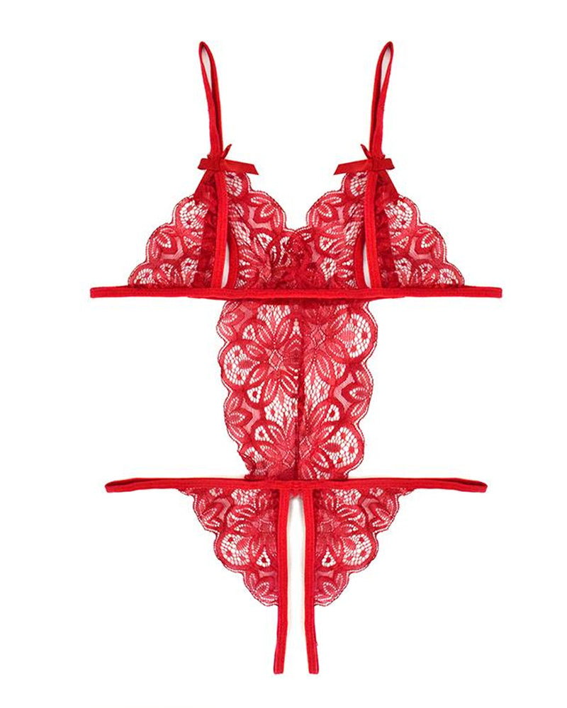 Pijama Enterizo de Encaje Floral Transparente y Sin Espalda – Teddy Romper