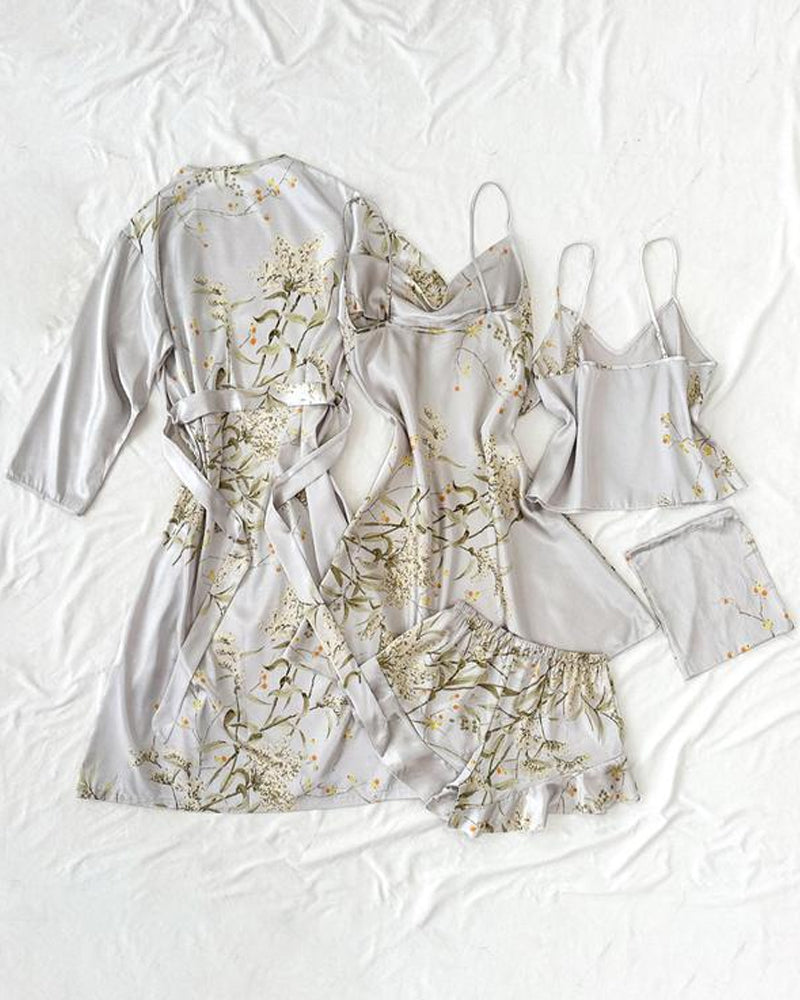 Conjunto Femenino de Cinco Piezas: Top de Tirantes y Shorts de Satén Estampado, Vestido de Tirantes, Camisón y Ropa para el Hogar