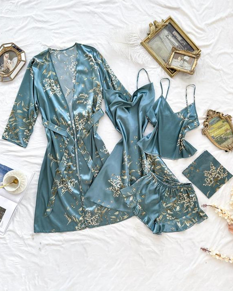 Conjunto Femenino de Cinco Piezas: Top de Tirantes y Shorts de Satén Estampado, Vestido de Tirantes, Camisón y Ropa para el Hogar