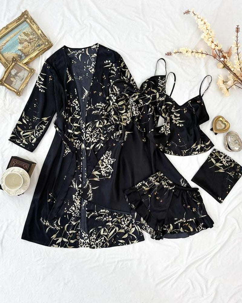 Conjunto Femenino de Cinco Piezas: Top de Tirantes y Shorts de Satén Estampado, Vestido de Tirantes, Camisón y Ropa para el Hogar