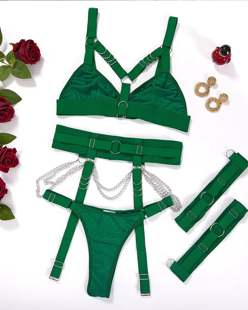 Conjunto Sexy de Tres Piezas con Cadenas Metálicas, Cinturón y Aros de Pierna Ajustables