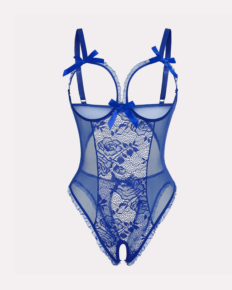 Pijama de una pieza con encaje floral, malla transparente, recorte en el pecho y entrepierna abierta