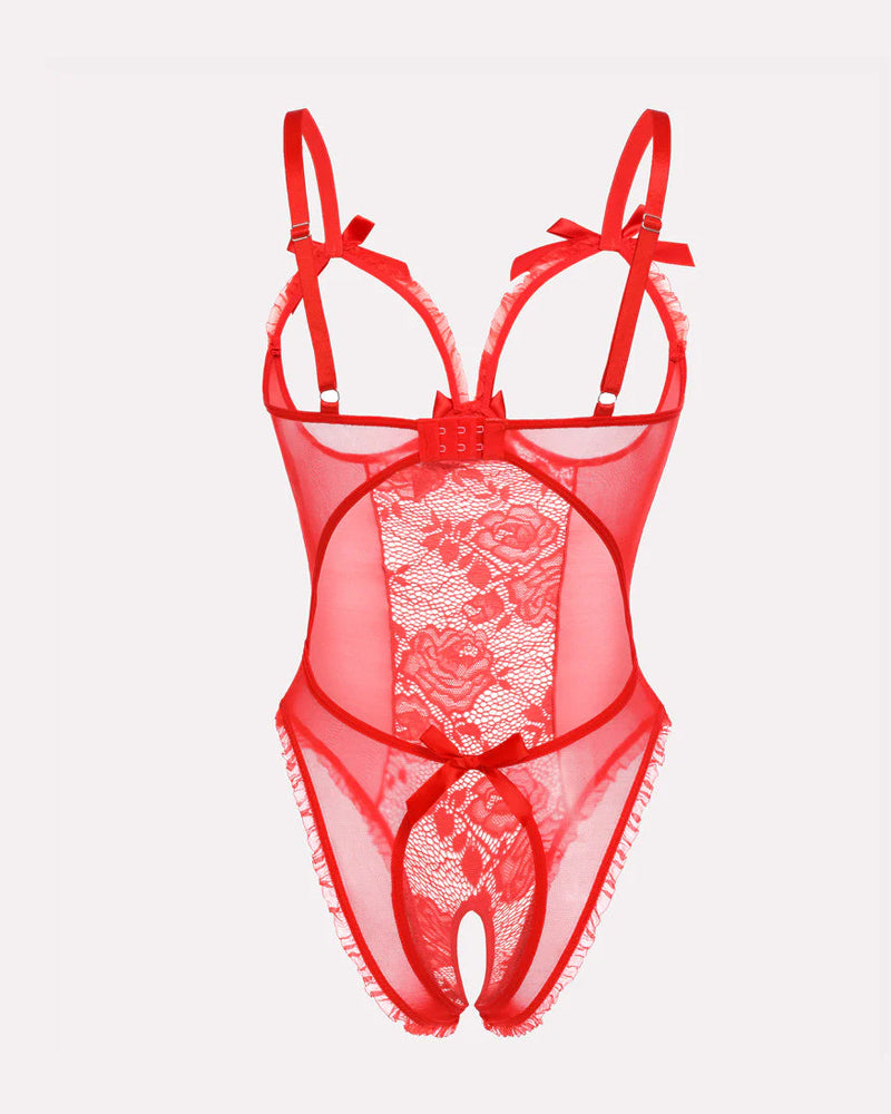 Pijama de una pieza con encaje floral, malla transparente, recorte en el pecho y entrepierna abierta