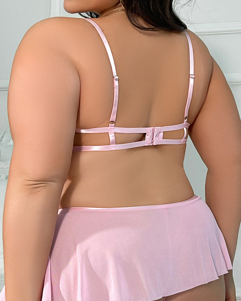 Large Size Sexy Flower Hollow Chest Mesh See-through Pajama Set