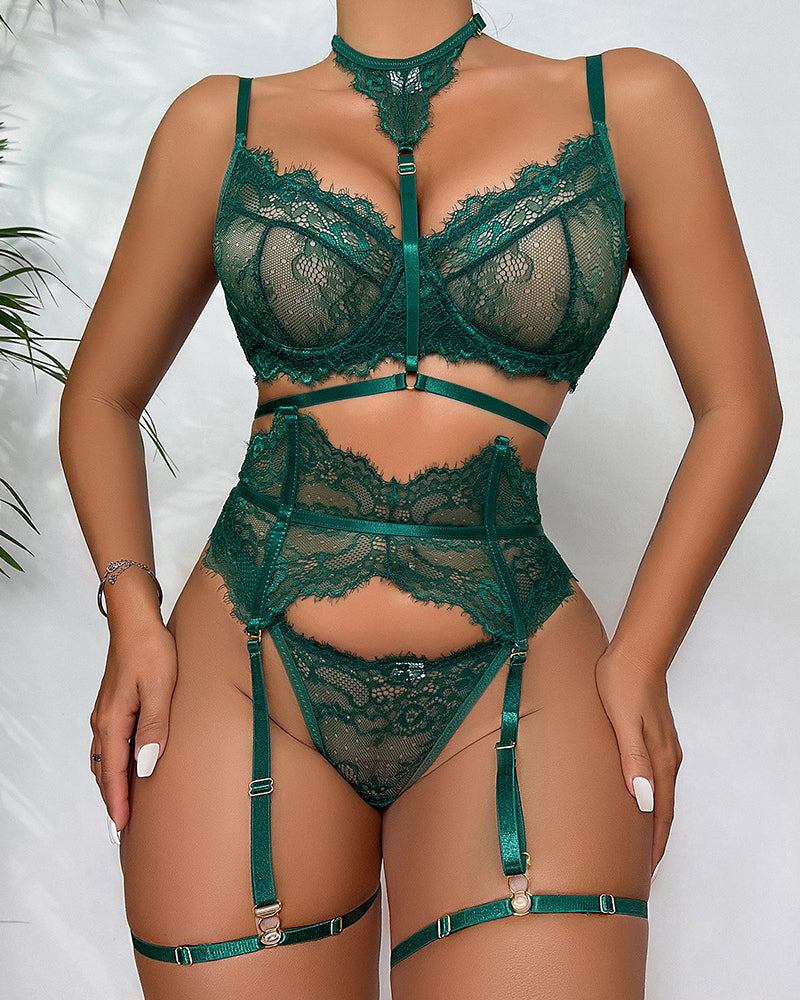 Conjunto de Pijama Sexy con Sujetador Push-Up de Encaje y Cuello Halter – Comodidad Seductora con Glamour Nocturno