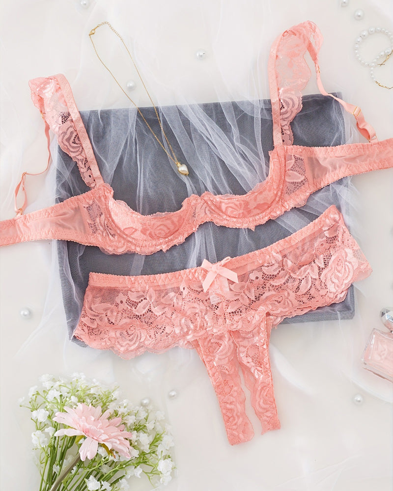 Conjunto Sexy de Encaje y Malla Transparente con Sujetador y Braguita Abierta – Sexy Lace Mesh Open Crotch Hollow Bra & Underwear Set