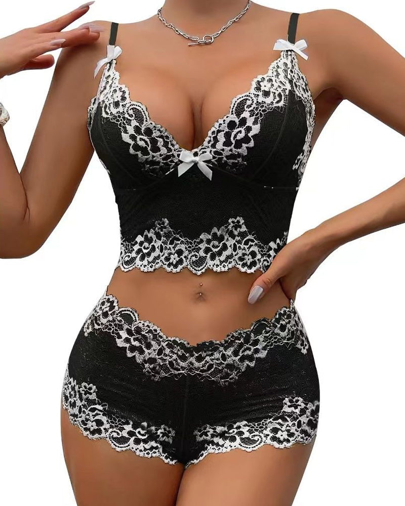 Conjunto de Ropa Interior Sexy de Encaje con Bloques de Color