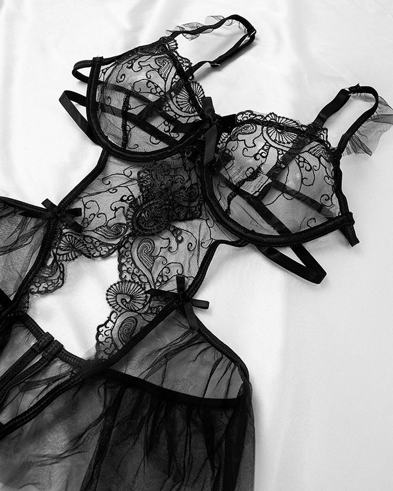 Sexy Lace Mesh Open Crotch Hollow Back One-piece Pajamas