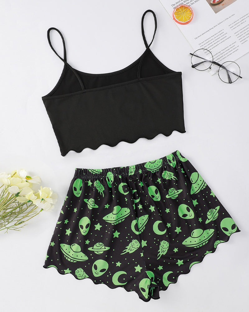 Halloween Fun Print Sleeveless Tank Top and Shorts Loungewear Set