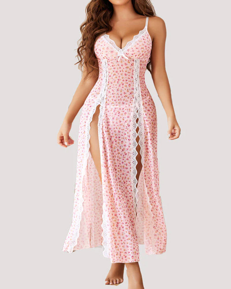 Conjunto de Pijama Sexy de Tirantes con Malla de Encaje Transparente y Aberturas Laterales – Mujer