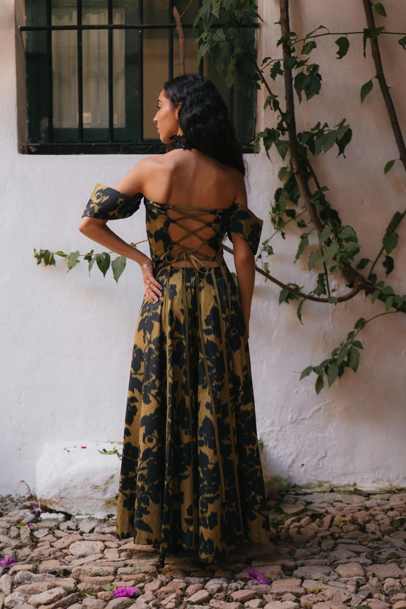 Vintage Print Strapless Maxi Dress
