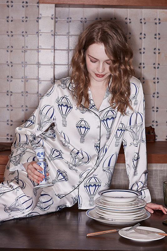 Hot Air Balloon Print Pajama Set - White