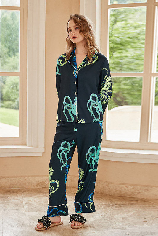 Octopus Print Long-Sleeve Pajama Loungewear Set