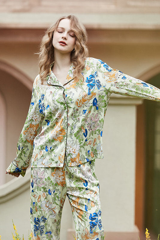 Morning Glory and Lily Pattern Cardigan Long Sleeve Pajama Set