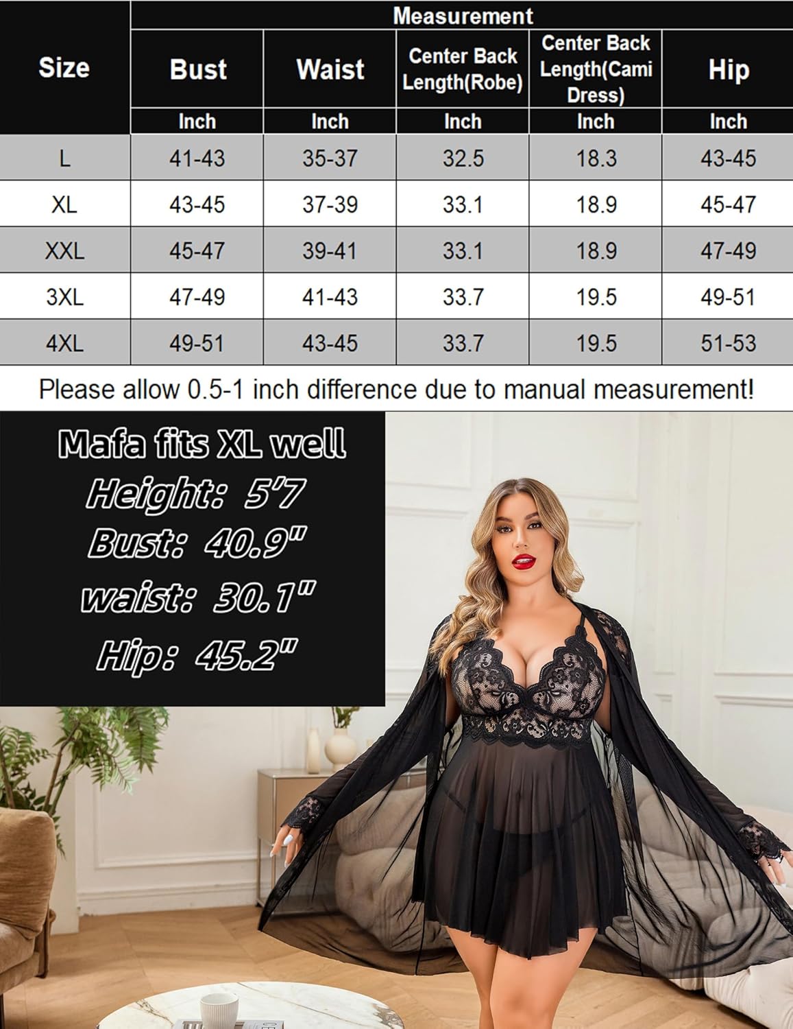Conjunto de Lencería Exótica de Encaje – Sleepwear Talla Grande
