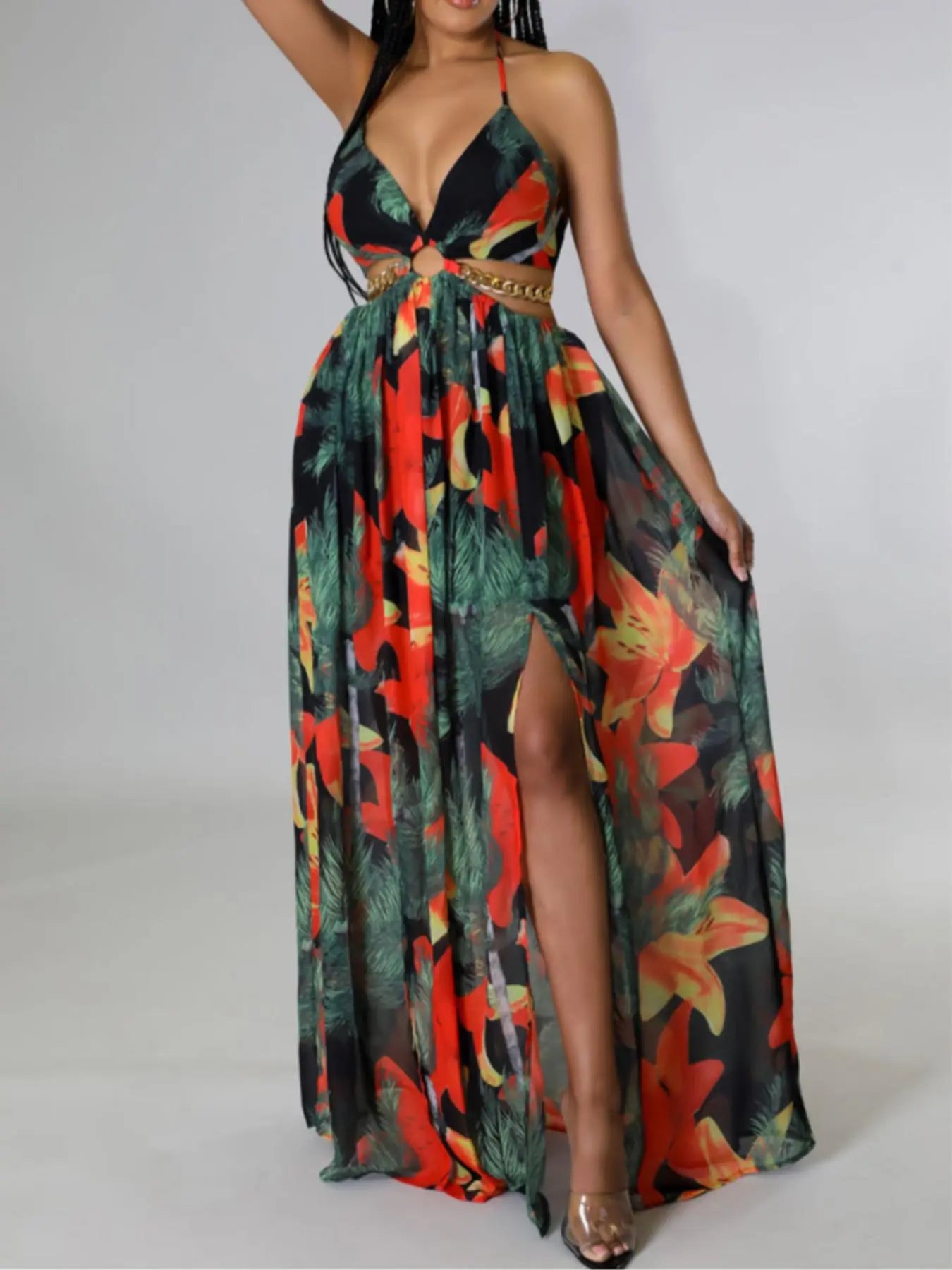 Floral Chain Split Dress – Bold Tropical Style with Gold Accents