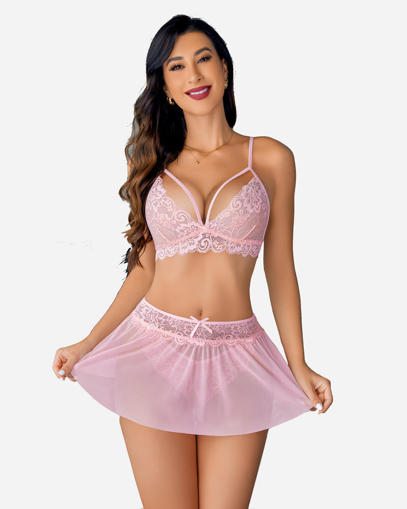 3 Piece Sets Lace Bralette, Skirt with Panty