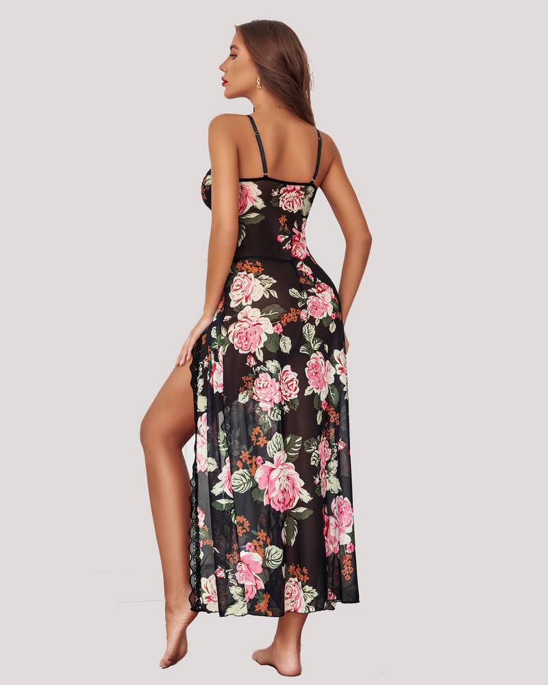 Camisón de encaje y malla con abertura lateral