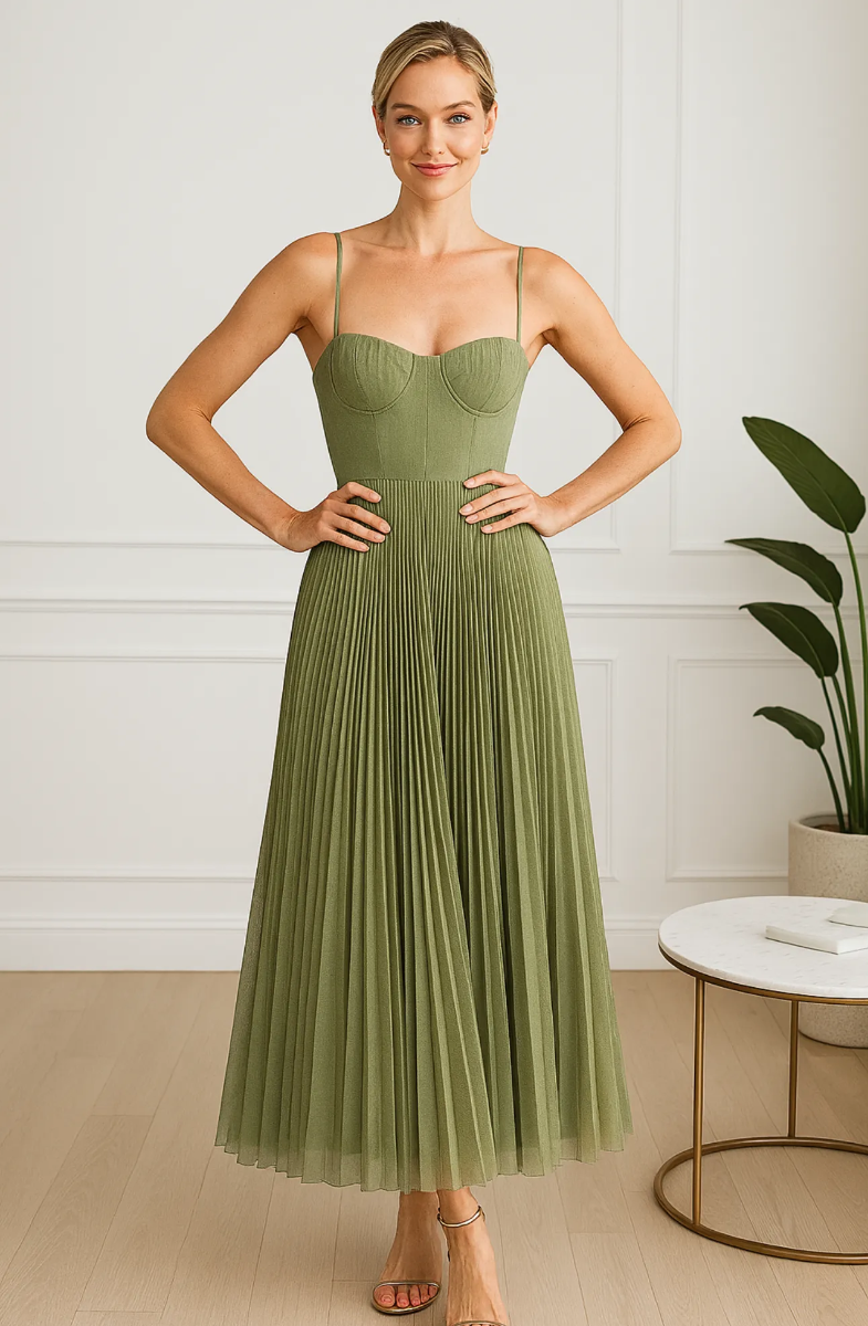 Bustier Pleated Tulle Fit & Flare Midi Dress